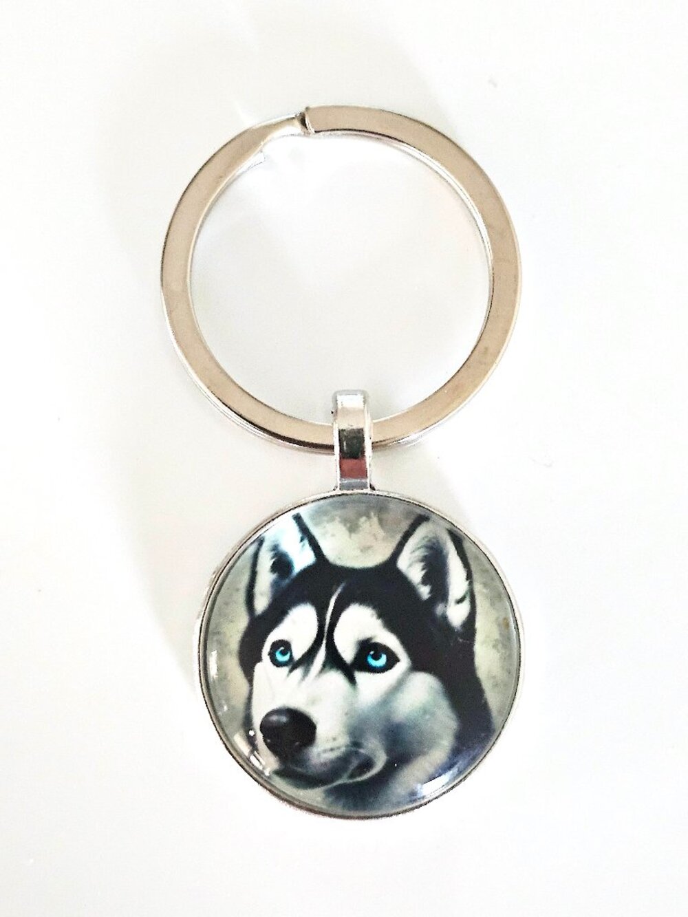 Husky Glass Cabochon Keychain, Siberian Blue Eyes, Unisex, Dog Lover Gift